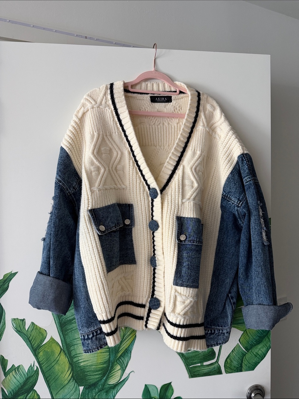 AKIRA Cream Cable Knit Cardigan with Denim Sleeves